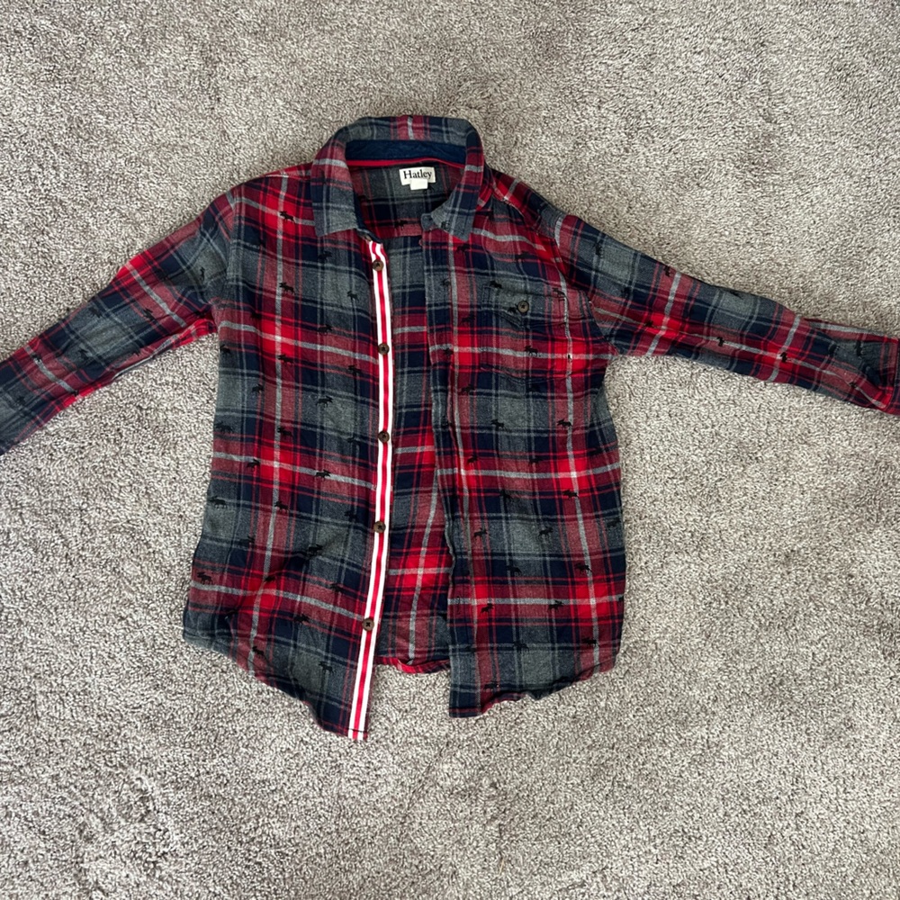 Hatley Red & Navy Plaid Cotton Shirt Jacket with Brown Buttons